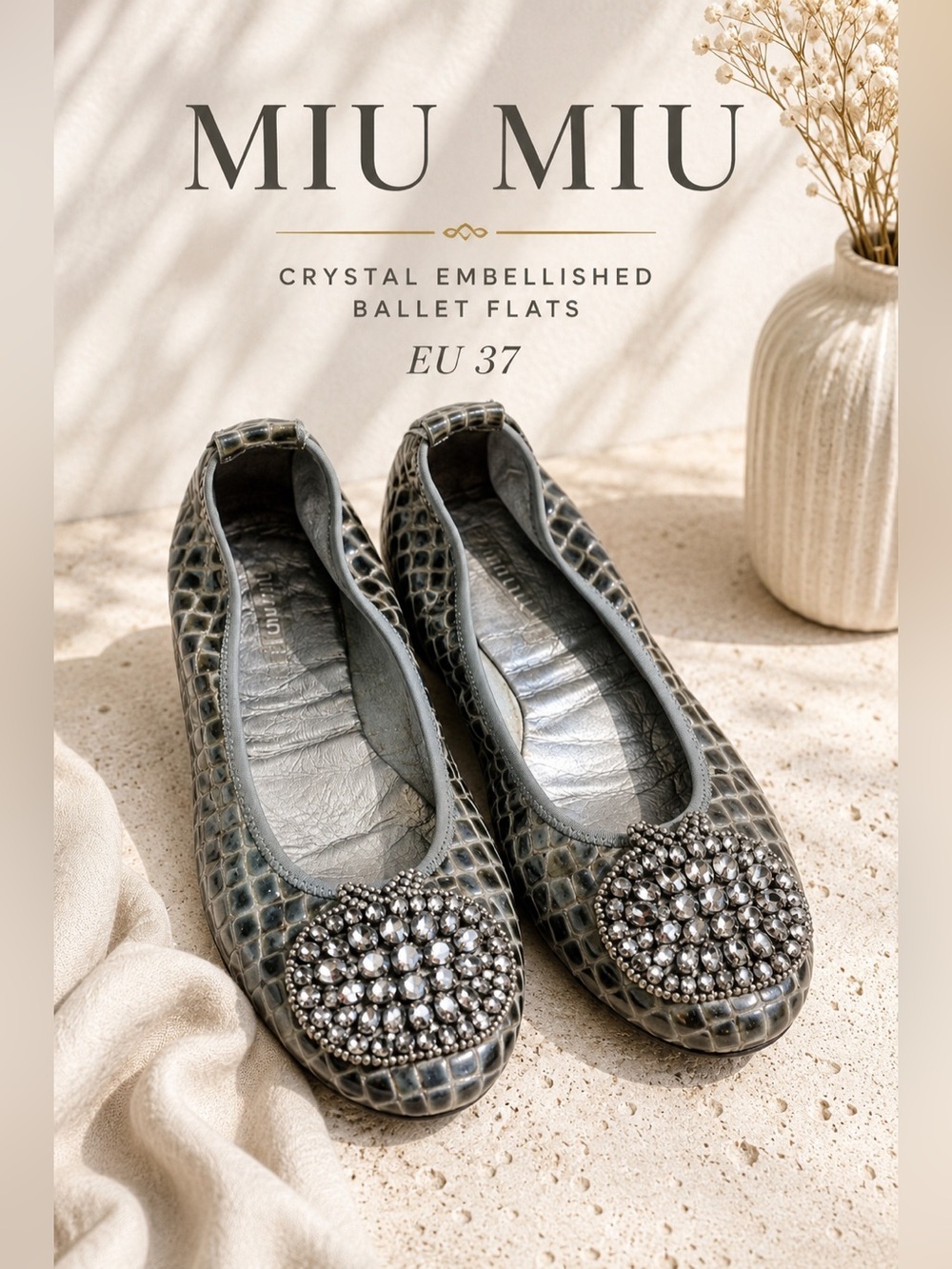 Miu Miu Crystal Embellished Croc-Embossed Ballet Flats Silver Gray Leather EU 37